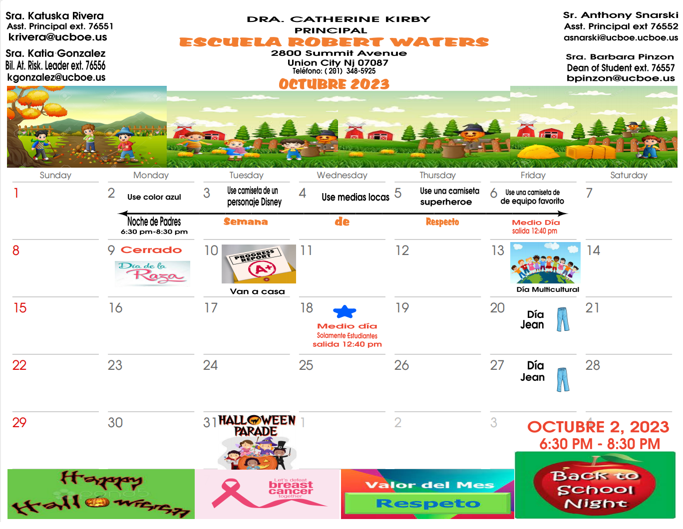 Robert Waters School-October 2023 Calendar-Spanish