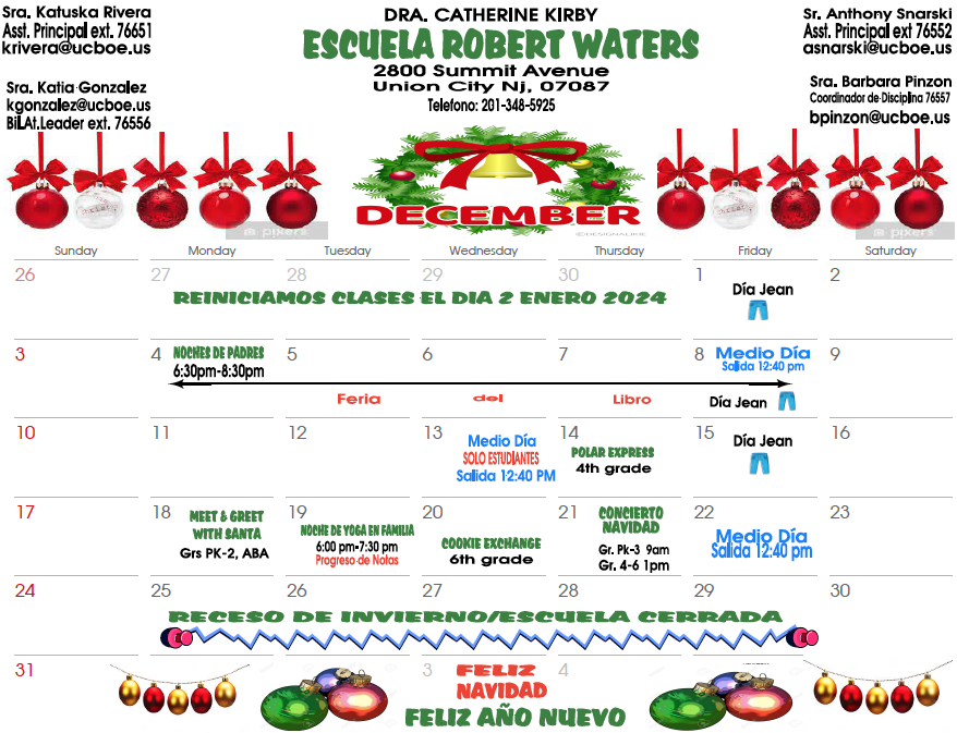 December 2023 Calendar-Robert Waters School-English