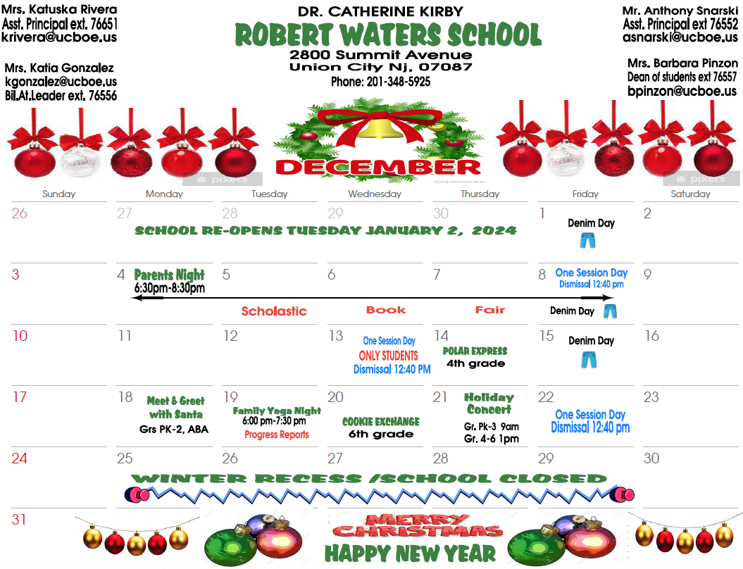December 2023 Calendar-Robert Waters School
