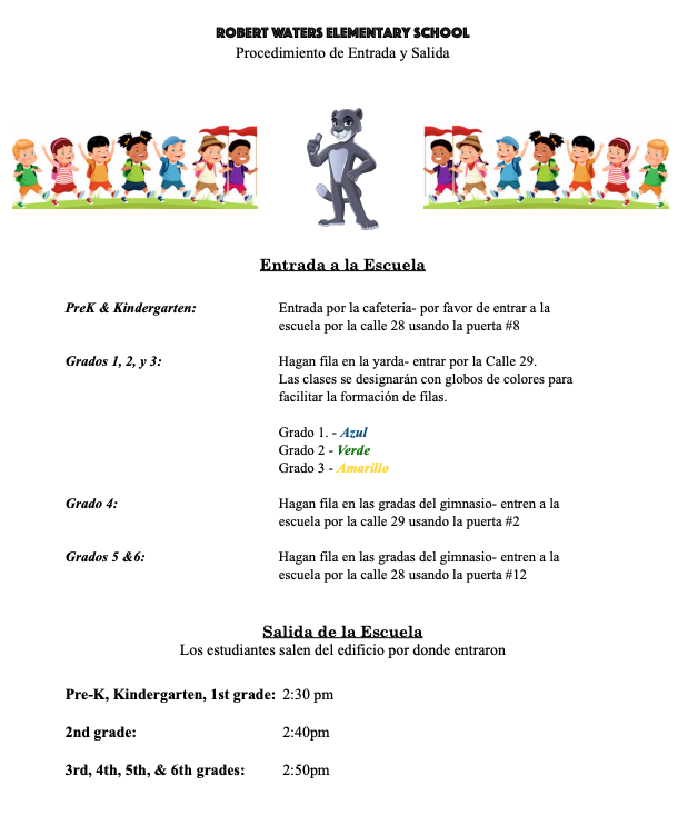 Robert Waters Elementary School-Line Up and Dismissal Procedures-Spanish