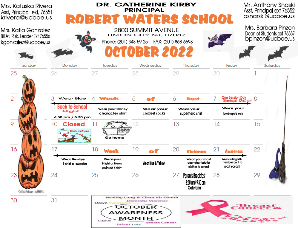 October 2022 Calendar-Robert Waters School-English