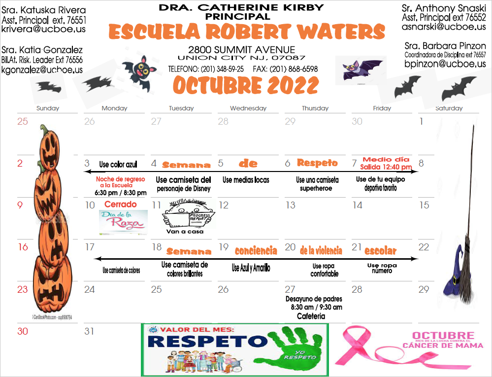 October 2022 Calendar-Robert Waters School-Spanish