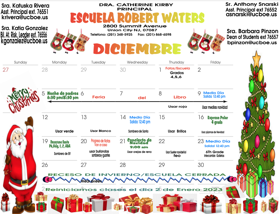 Robert Waters School-December 2022 Calendar-Spanish