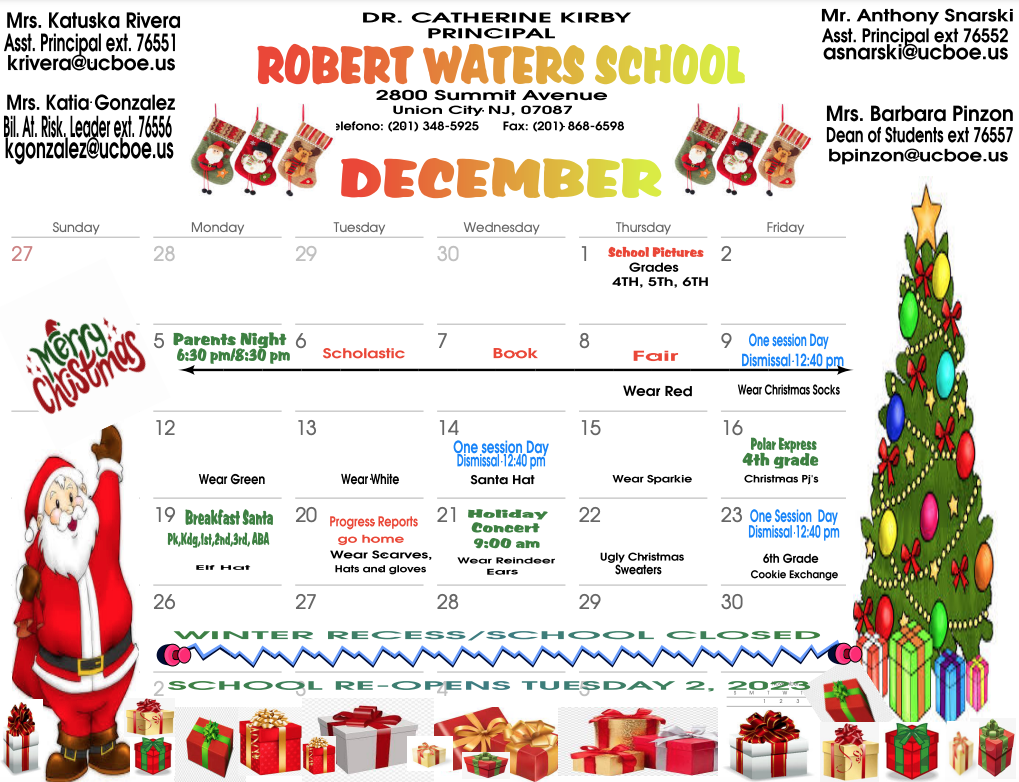 Robert Waters School-December 2022 Calendar-English