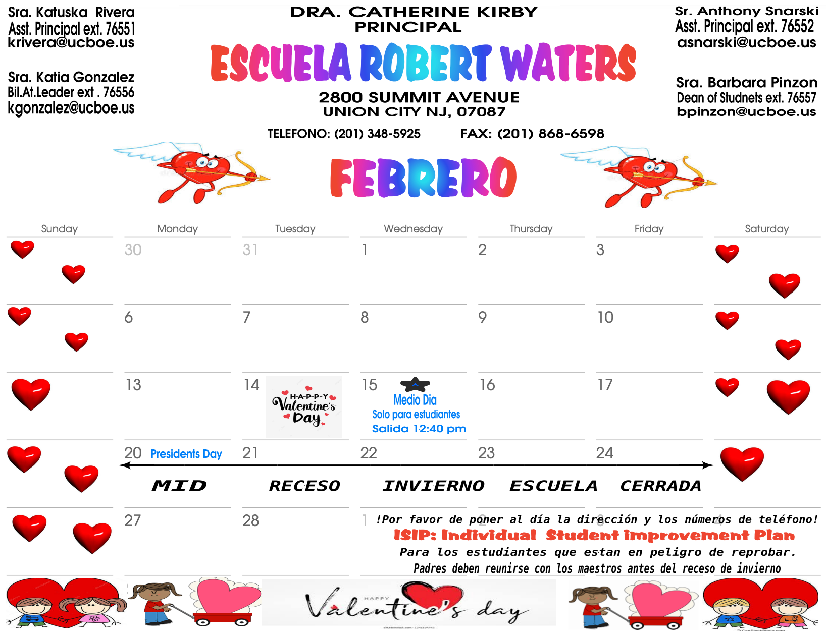 February 2023 Calendar-Robert Waters School-Spanish