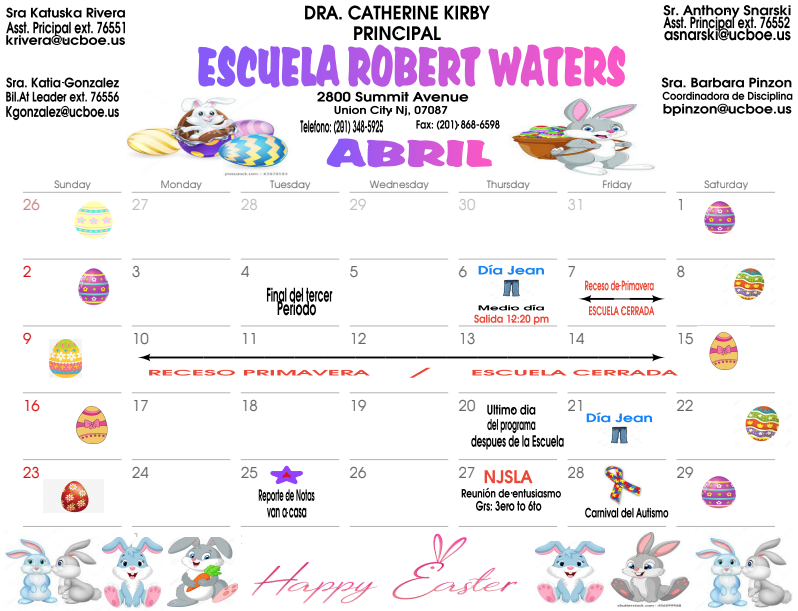 April 2023 Calendar-Robert Waters School-Spanish