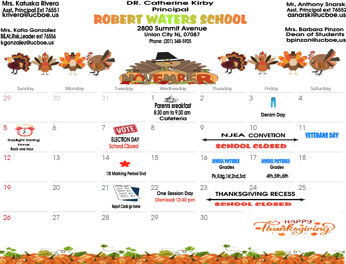 November 2023 Calendar-Robert Waters School-English