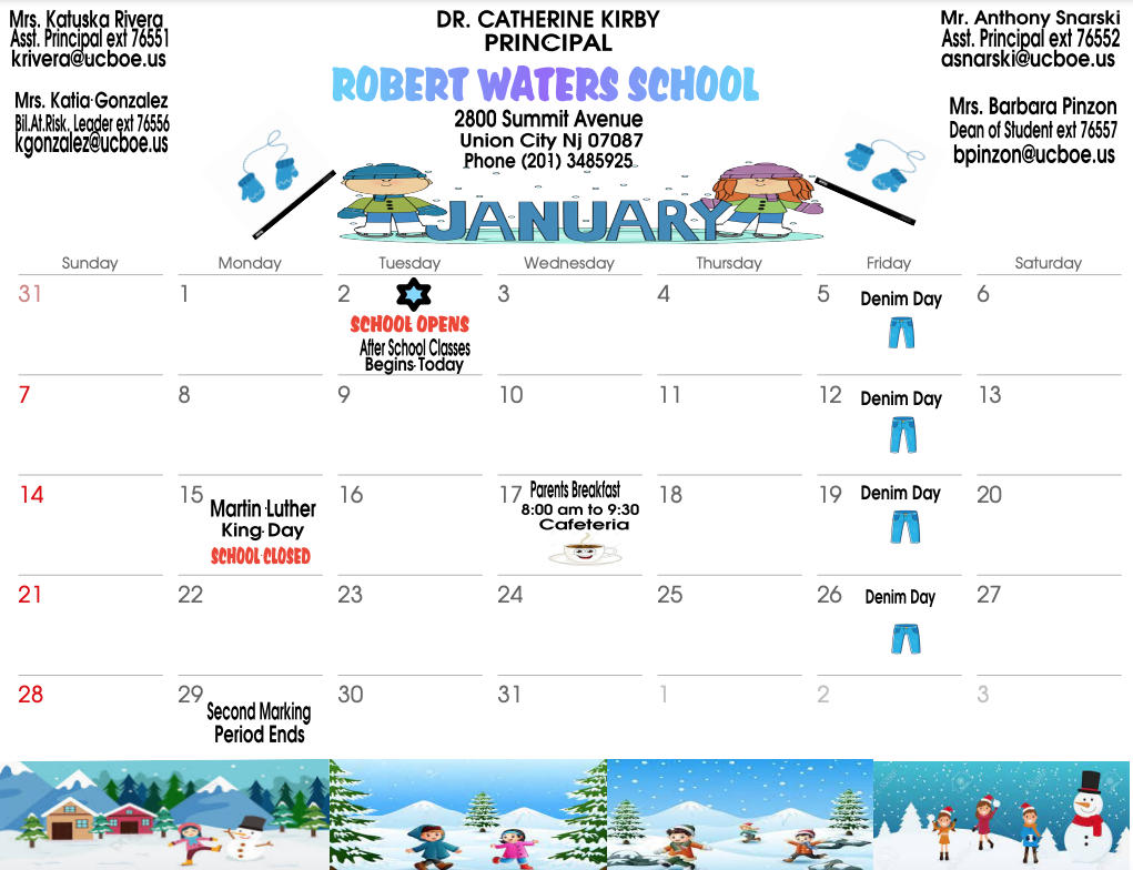 January 2024 Calendar-Robert Waters School-English