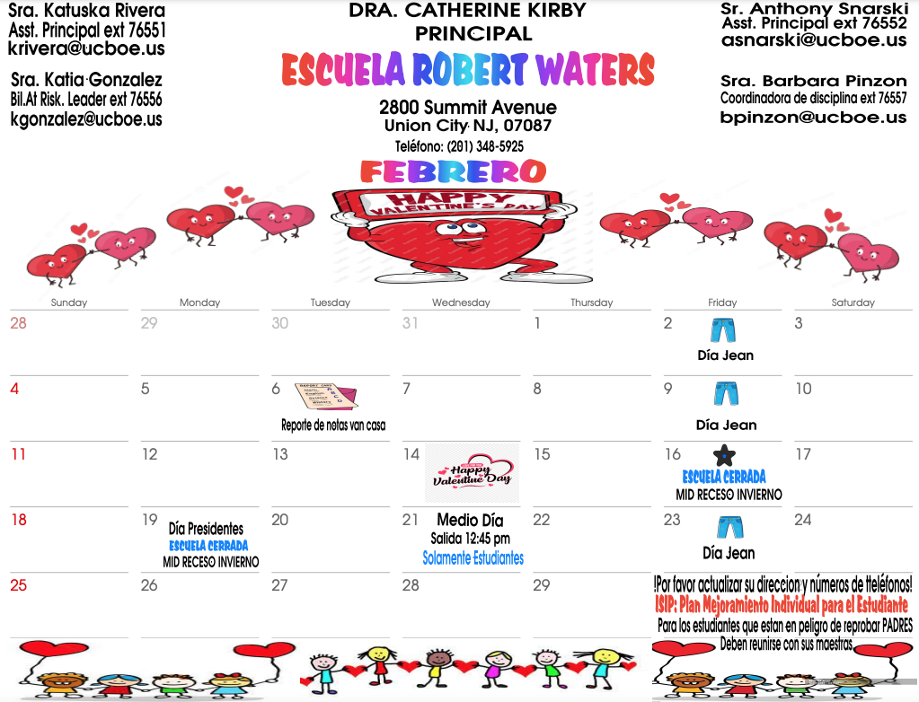 Robert Waters School-February 2024 Calendar-Spanish
