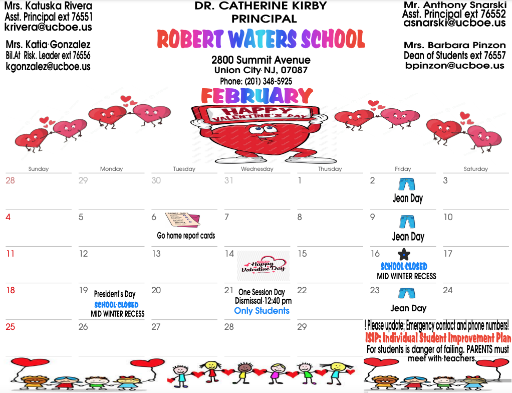 Robert Waters School-February 2024 Calendar-English